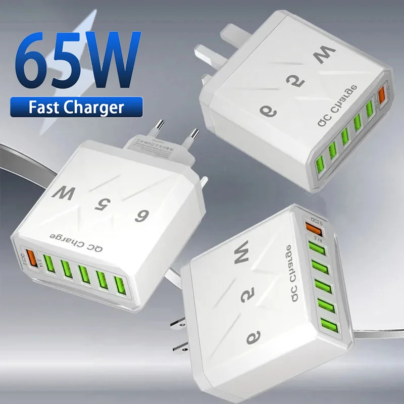 65W Mobile Phone 6 Ports Fast Charger USB Charger Fast Charging Adapter 6-in-1 QC3.0 US EU KR Plug Quick Wall Charger for iPhone