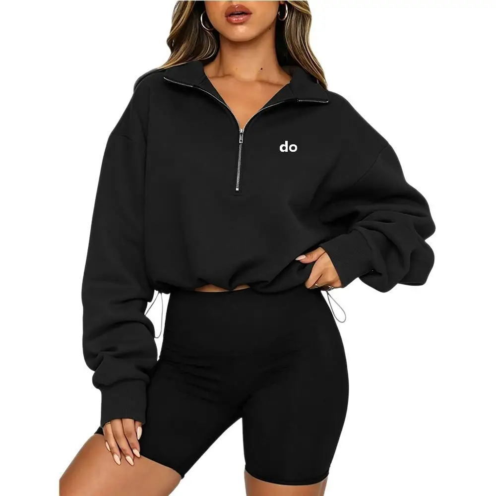 2026 Solid Color Half-Zip Collar Short Sleeve Women's Loose Pullover with Adjustable Waist and Long Sleeve Fitness/Walking Suit