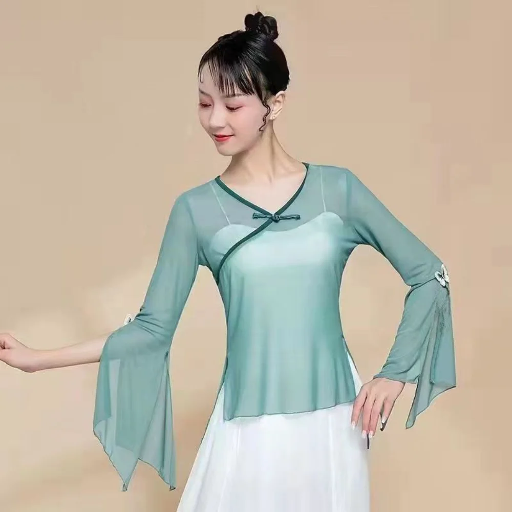 Flare manga hanfu palco superior desempenho outfit para as mulheres traje de dança prática de dança vestir mulher roupas de dança chinesa