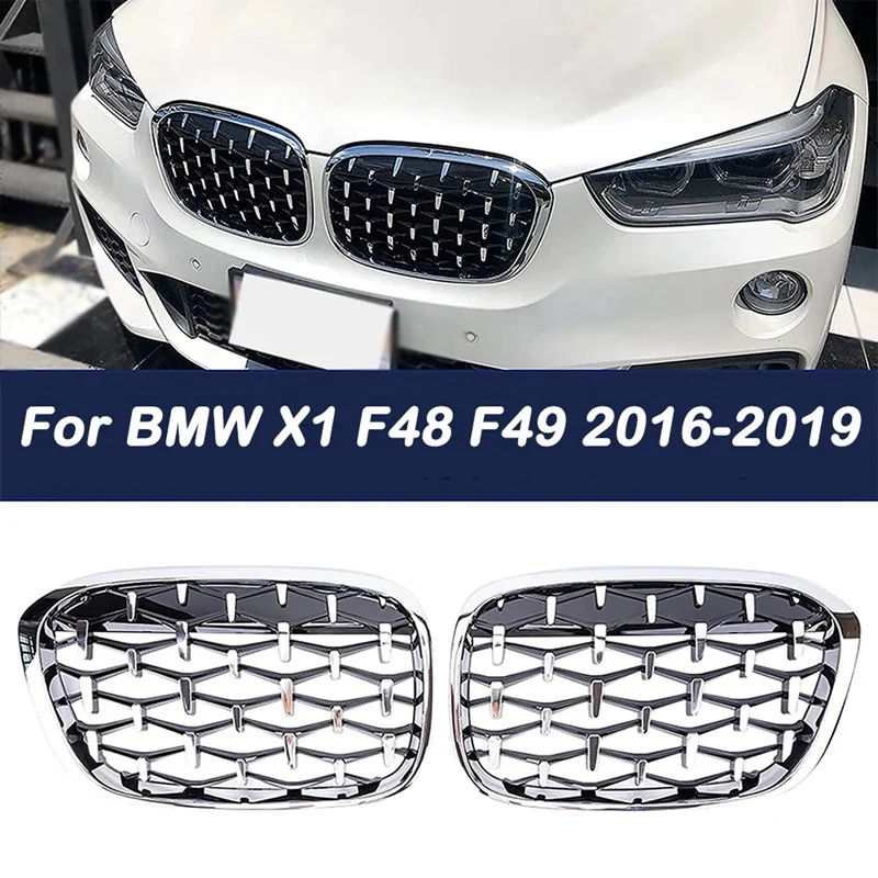 

2PCS Front Kidney Diamond Meteor Style Grille Grills For -BMW X1 F48 F49 2016 2017 2019 Racing Grill Chrome