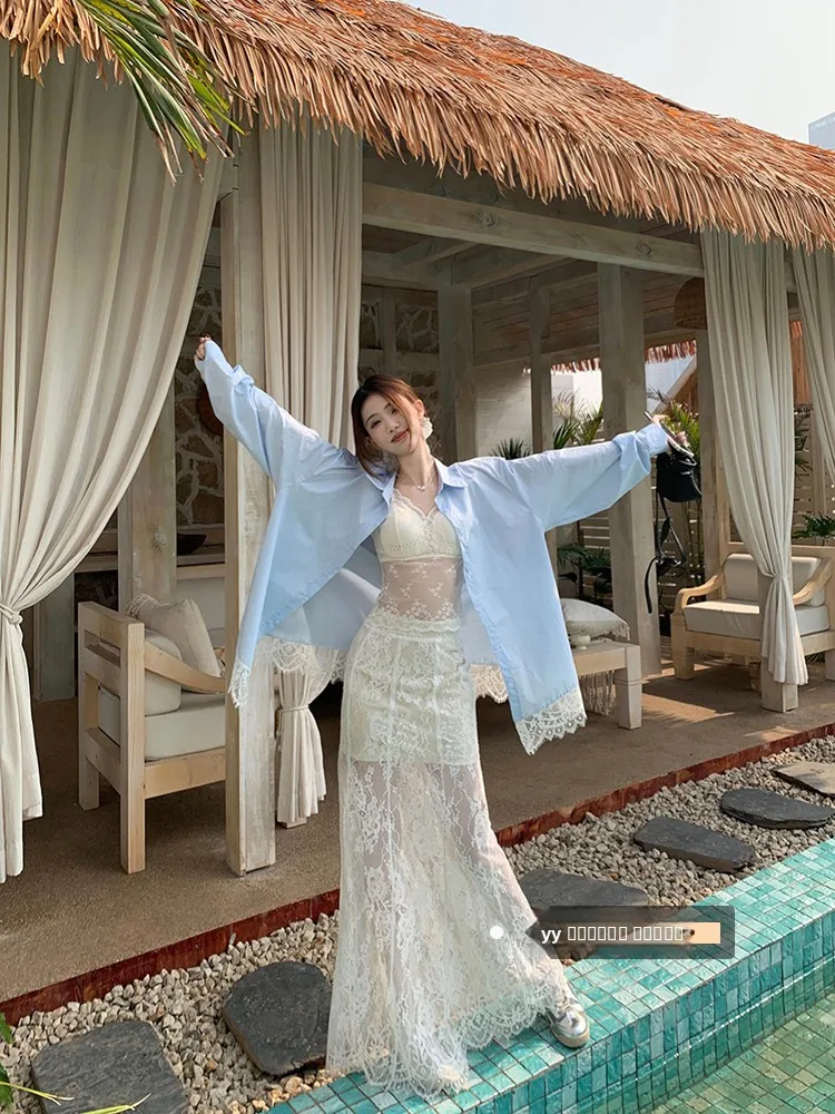 

Корейский синий комплект с длинными рукавами, кружевными вставками и юбкой с высокой талией, женский весенний модный наряд: рубашка с воротником и юбка