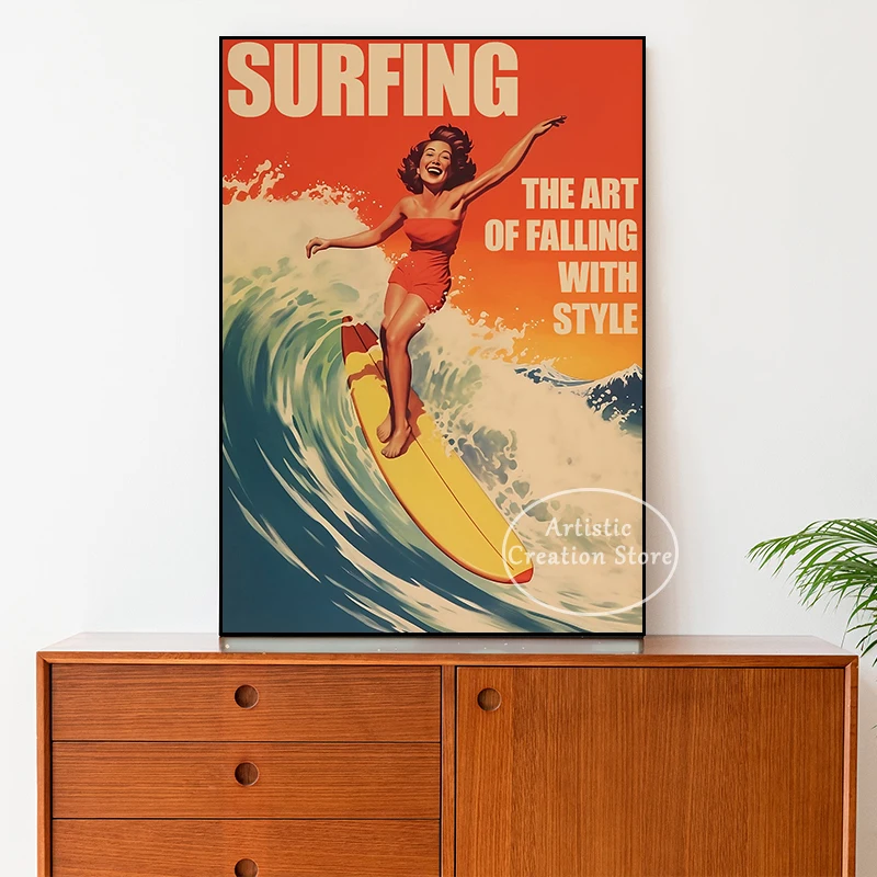 Retro Canoeing Traveling Wall Art Funny Surfing Girl Poster Prints Canvas Painting Wall Art Living Room Wall Home Decor Gifts