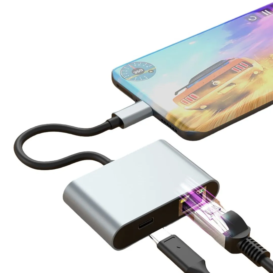 Adaptador de rede 4 em 1 USB C para Ethernet Hub 1000 Mpbs RJ45 Gigabit Ethernet LAN Converter para Mac/Windows/OS/Linux e mais