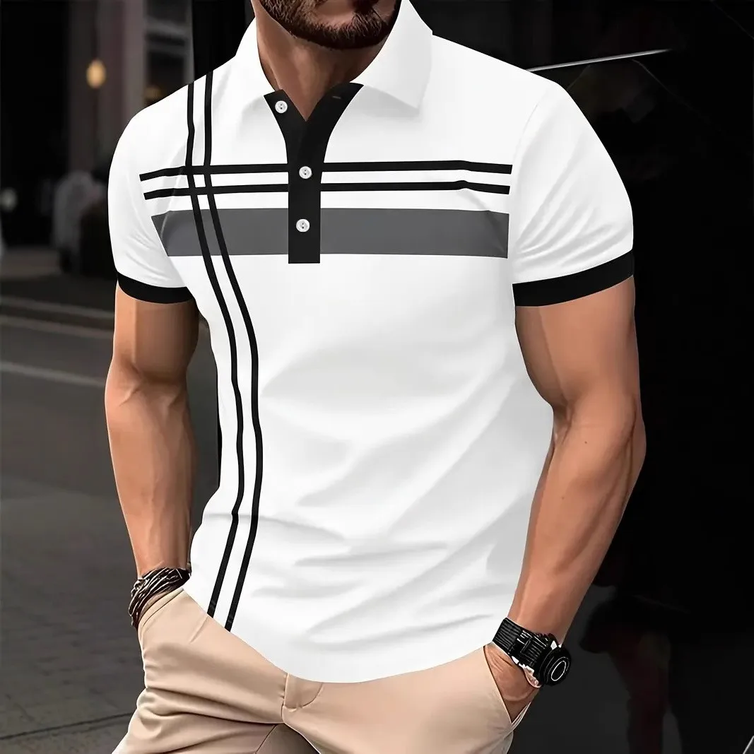 الرجال الصيف جديد قصيرة الأكمام Colorblock التلبيب قميص بولو الرجال سليم ثلاثية الأبعاد الطباعة الرقمية البوليستر تنفس قميص بولو