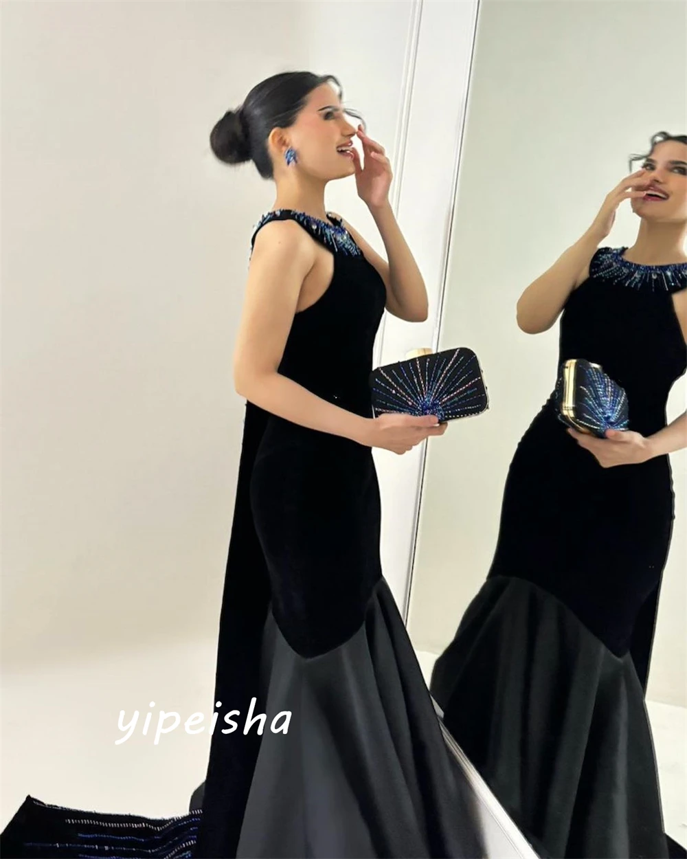 Customized  Velour Beading Draped Pleat Cocktail Party A-line O-Neck Bespoke Occasion Gown Long Dresses