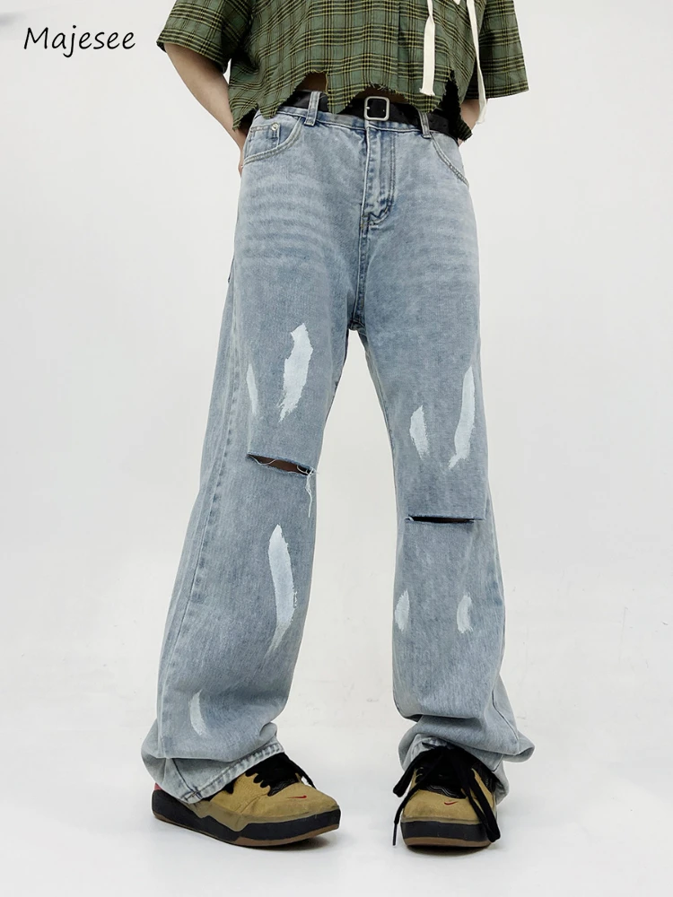 

Wide Leg Jeans Men Loose Hole European Style Retro Washed Bleached Punk Vintage Daily Hip-hop Ankle Length Leisure 2023