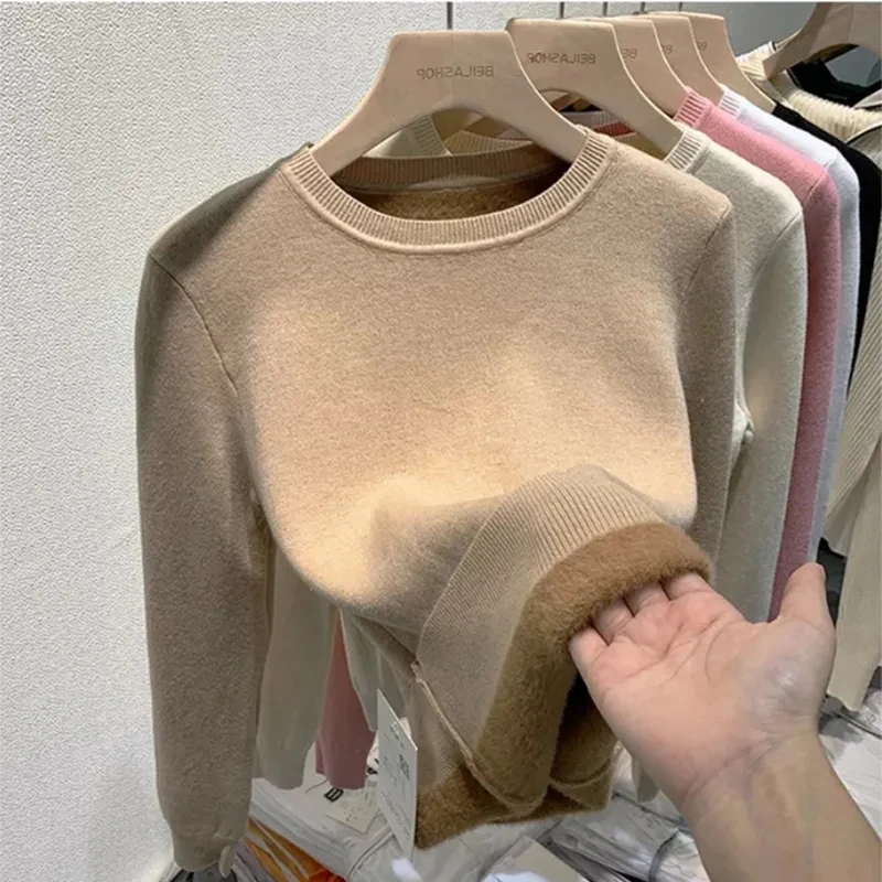 

Women's O-Neck Plus Velvet Thicken Sweaters Winter Slim Warm Long Sleeve Knitted Tops Casual Plush Fleece Lined Soft Pullover