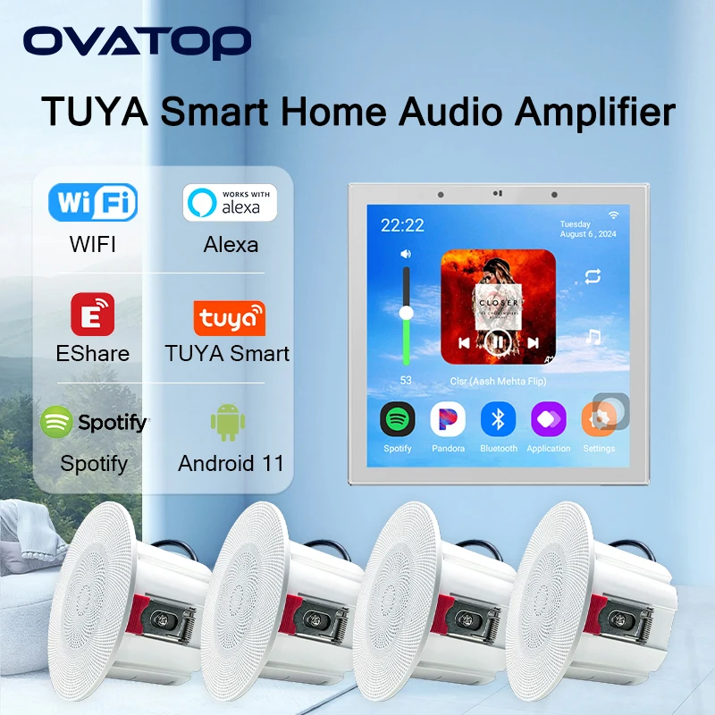 Home smart audio system TUYA bluetooth sound in wall power amplifier Android11 WIFI Background music player with ceiling speaker