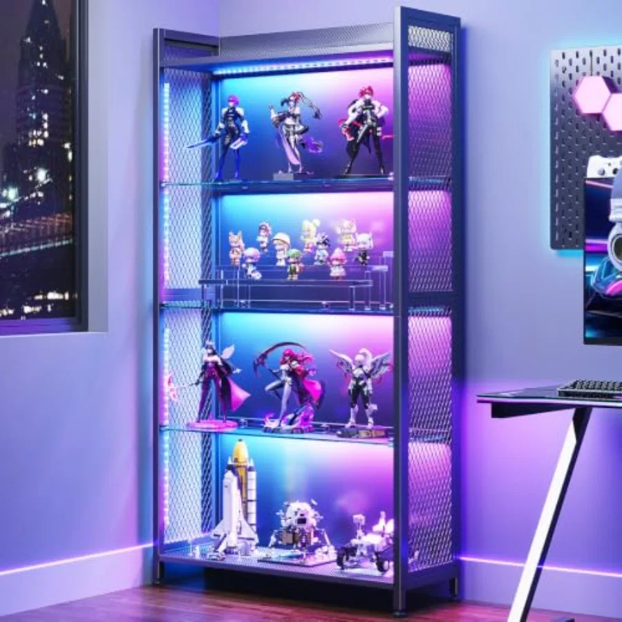 Display Case with Glass Shelves, RGB Light 4-Tier Display Cabinet