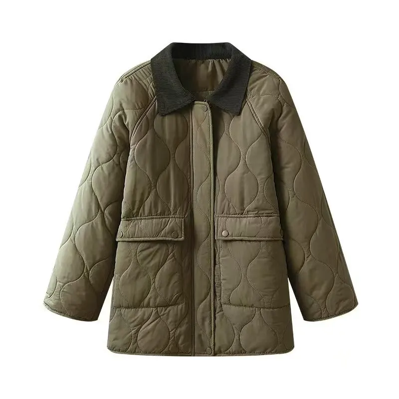 Klassiek patchworkjack voor dames Herfst Winter Los gewatteerd Warm Turn-Down kraag Katoenen jas Lange mouw Zak-Detail Uitloper