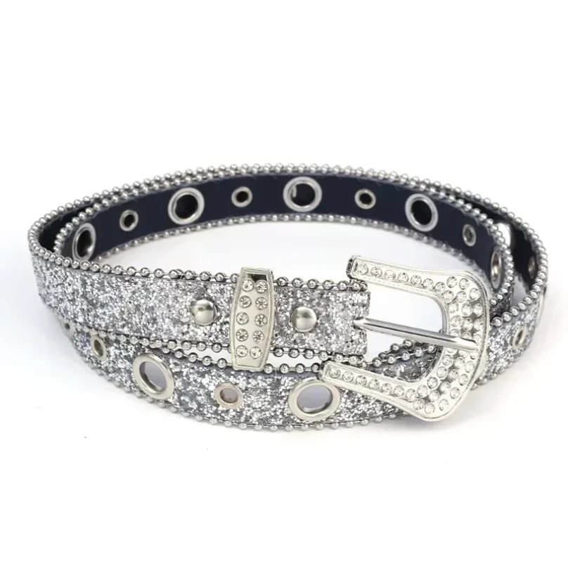 

Y2K Women's Fashion Full Rhinestone Studded PU Leather Belt Adjustable Glitter Crystal Waistband Solid Print for Club Party
