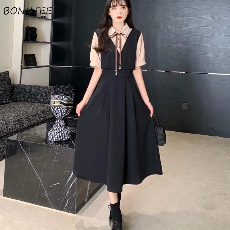 

Dresses Women Preppy Style Fake 2pcs Patchwork Korean Fashion Vintage Classy Ins Waist Slimming All-match Summer Vestidos Y2k