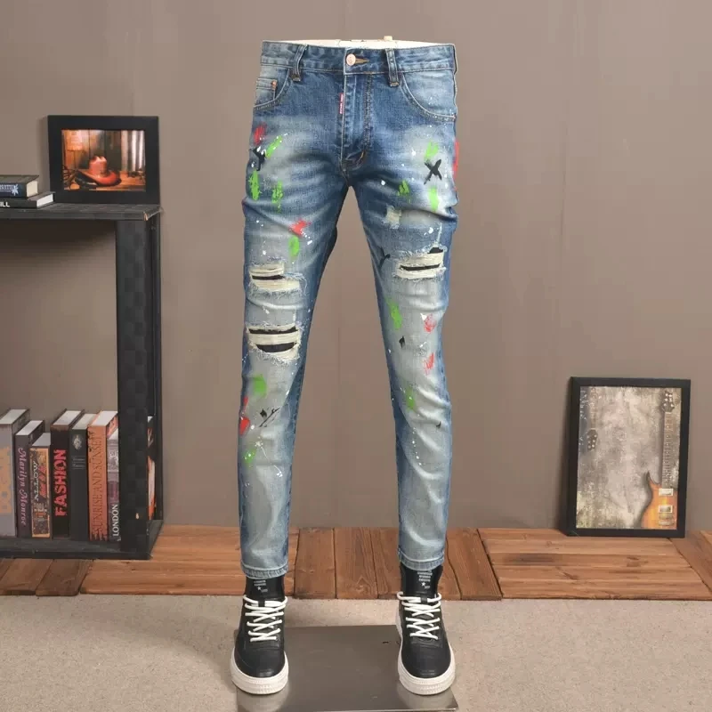 

Streetwear Fashion Men Jeans Retro Blue Stretch Slim Fit Ripped Jeans Men Hole Trousers Painted Designer Hip Hop Pants Hombre