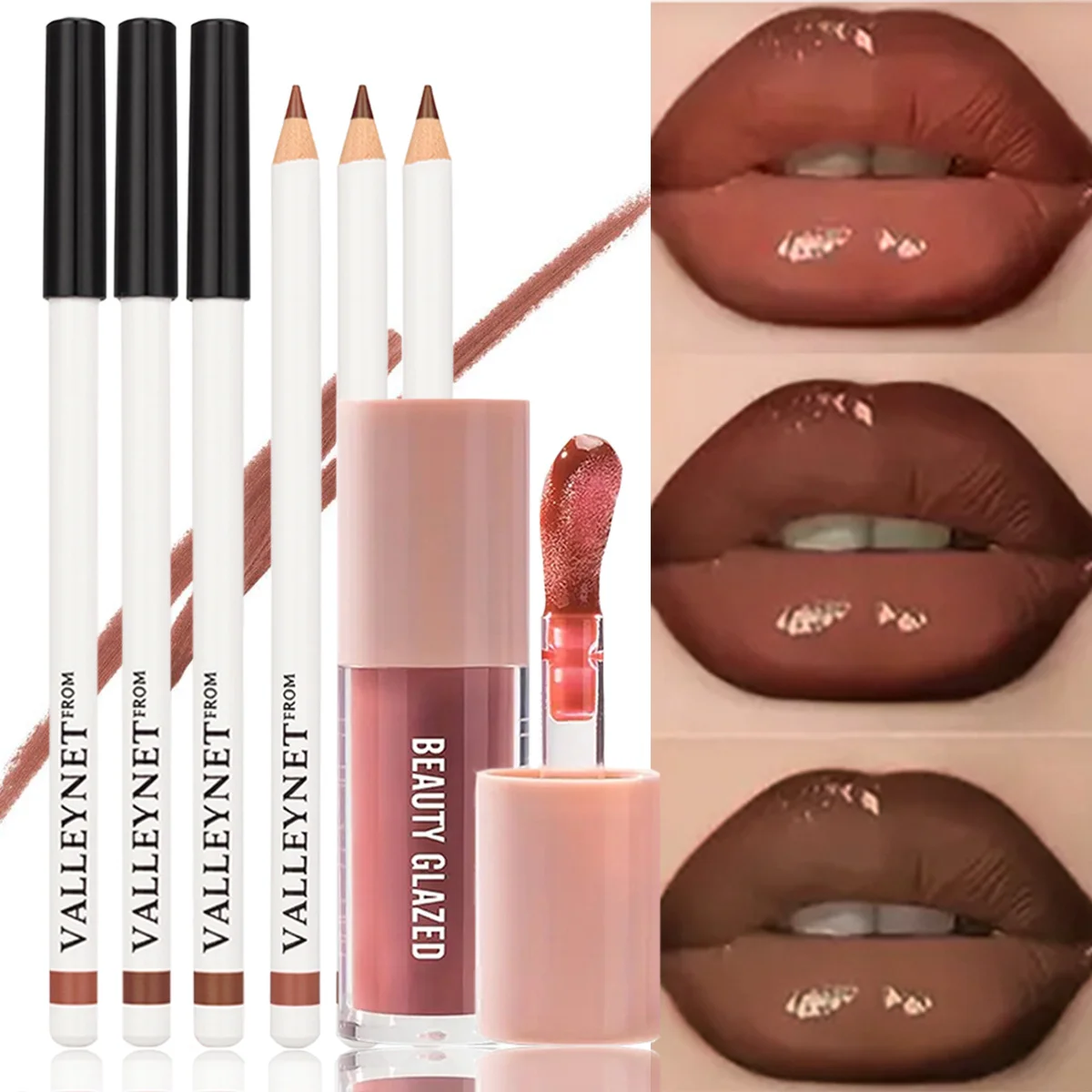 مجموعة مكياج الشفاه مكونة من 4 قطع/مجموعة: 3 قطع من بطانات الشفاه غير اللامعة + 1 زيت شفاه غير لامع يدوم طويلاً ومقاوم للماء ومخملي مثالي للمكياج اليومي #1