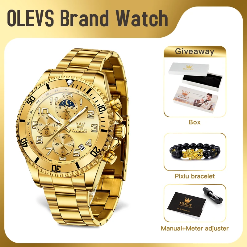 OLEVS 2926 Mens Watch Business Original Brand Quartz Watch Moon Phase Waterproof Multifunctional Chronograph Watch For Men Gifts
