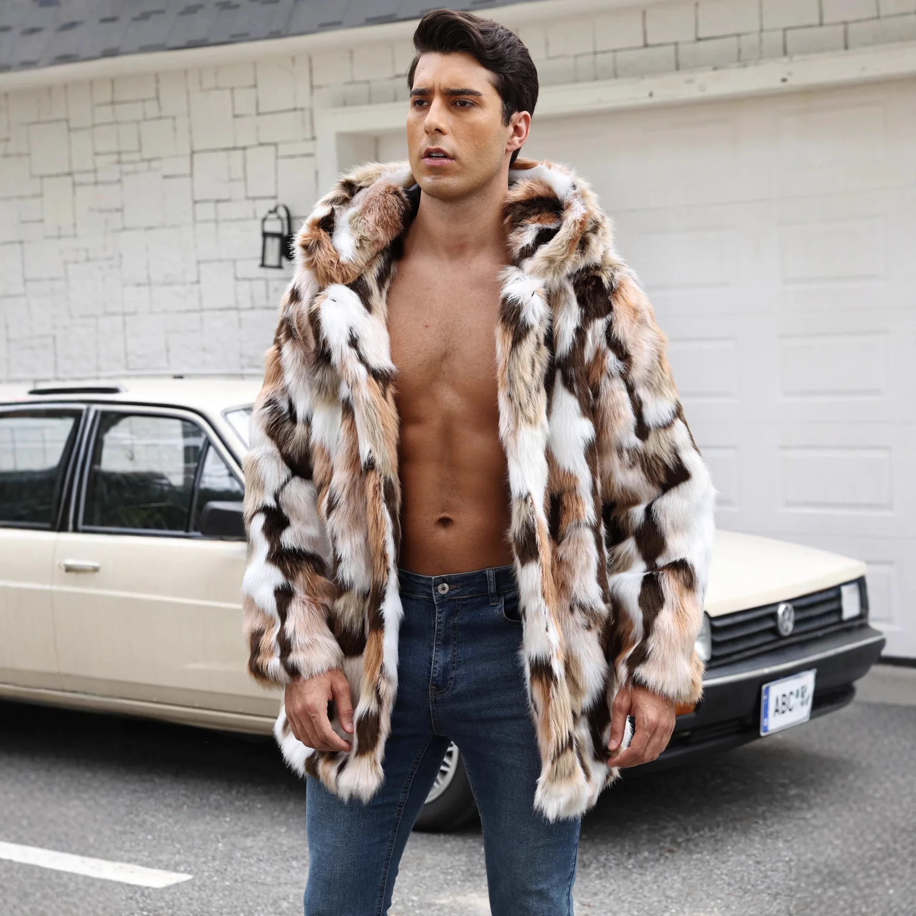 European American Autumn Winter New Fashion Men's Color-coded Casual Trendy Loose Long Sleeve Hooded Faux Fur Coats Male Tops