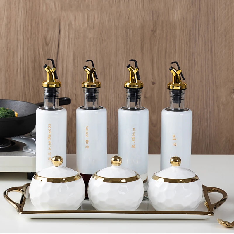 

Ceramic Spice Jar Salt Pepper Shakers Sugar Oil Bottle Condiment Dispenser Seasoning Jar Organizer Especiero Kitchen Accessories