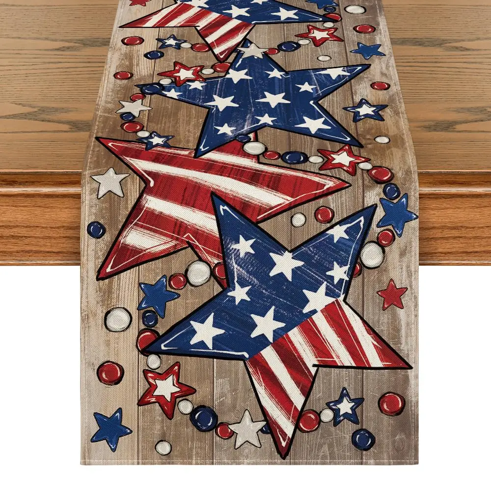 

Wood Stars Beads America Patriotic 4th of July Table Runner, Memorial Day Kitchen Dining Table Decoration for Home Party Decor