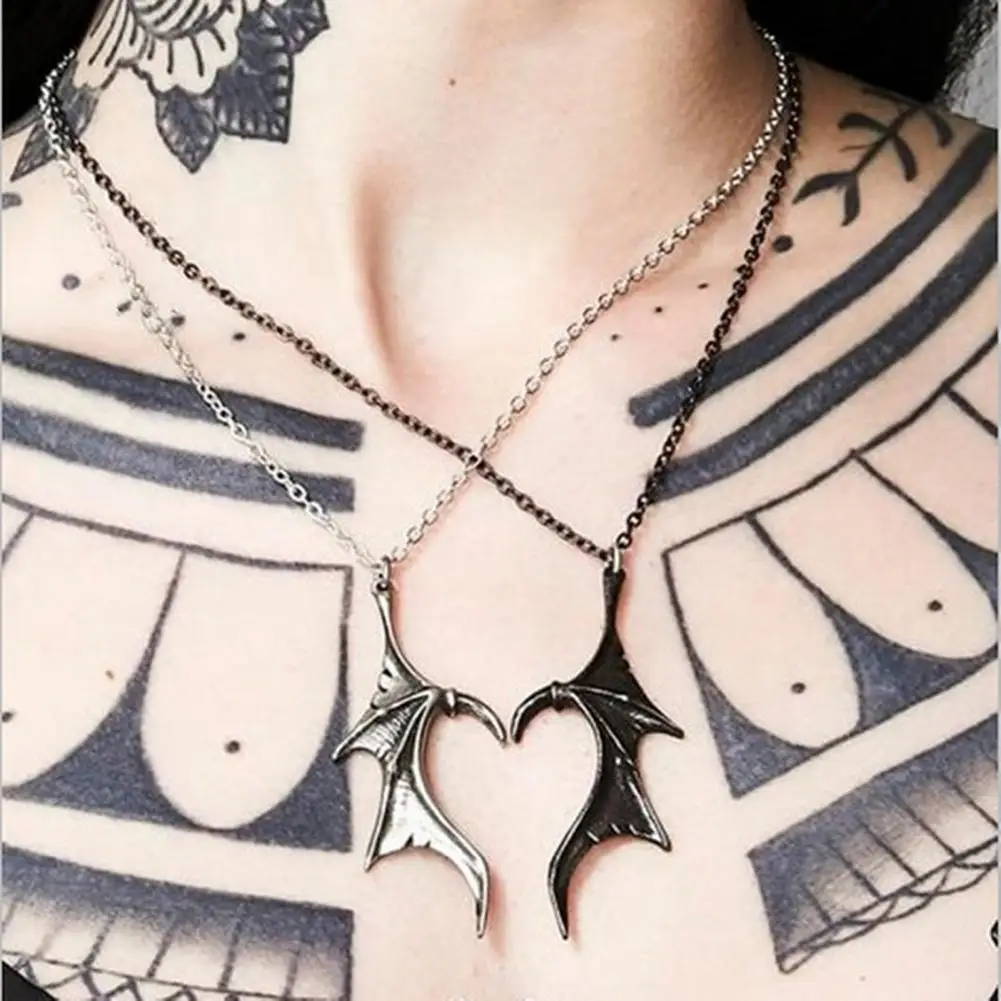 Couple Necklace Gothic White Black Dragon Wing Heart Pendant Punk Style Retro Devil Wing Love Heart Shape Pendant Necklace