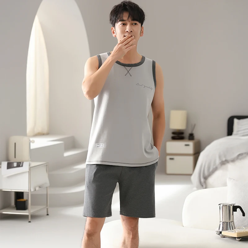 Men 100% Cotton Pajama Set Summer Sleeveless Sleepwear Big Size M-4XL Men Casual Vest Pijamas