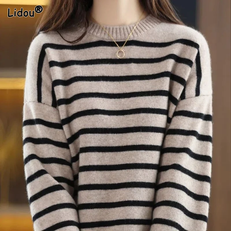 T-Shirts Thin Pullovers Striped Women\'s Clothing Loose Autumn Winterr Popularity Simple Casual Comfortable Round Neck Bottoming