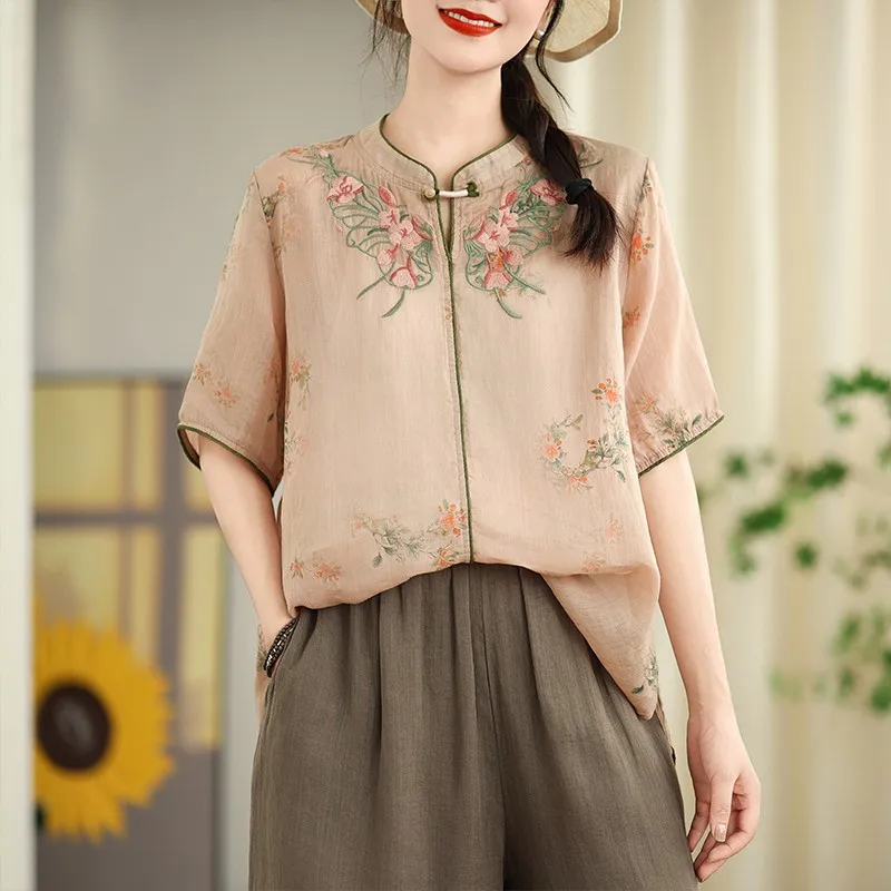 Women Summer Casual Blouses Shirts New Arrival 2024 Chinese Style Vintage Floral Embroidery Loose Female Short Sleeve Tops B3879