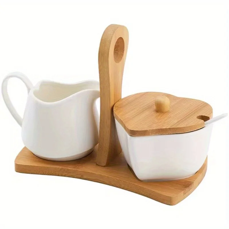 

Modern Heart Shaped Ceramic Sugar and Creamer Bowl Set with Bamboo Tray