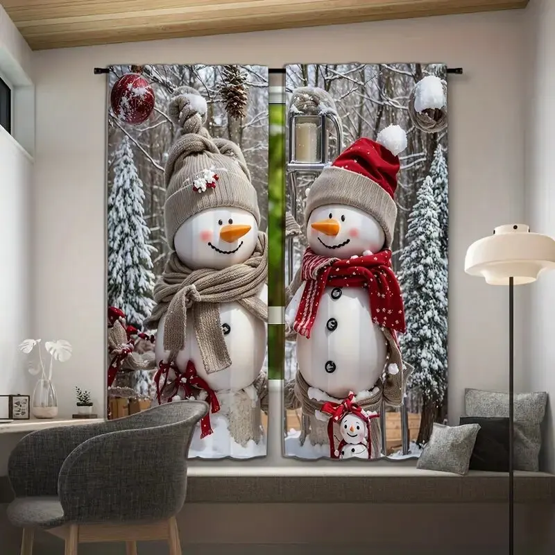 Christmas snowman printed curtains, pole bag curtains, bedroom and living room decoration, home decoration, Christmas decoration