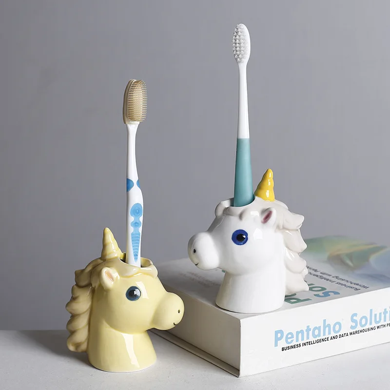 Suporte de escova de dentes de cerâmica em forma de animal bonito, suporte de base de escova de dentes, tubo de armazenamento de dentes de banheiro doméstico, decoração de banheiro
