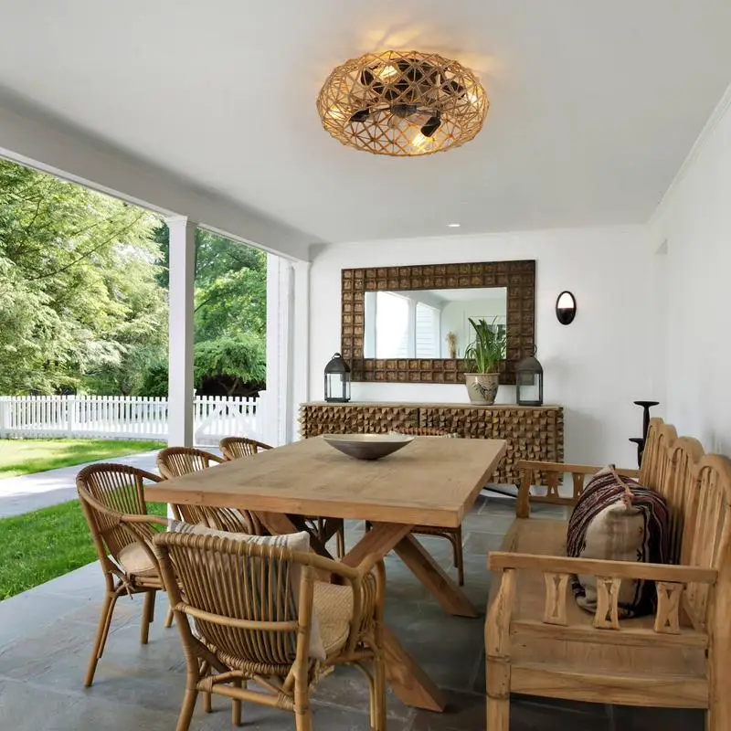 Ceiling-Mounted Jute Rope Fan Light Strip with 4 LED Bulbs, Dimmable, 7 Blades, Reversible DC Motor, Adjustable Brightness and