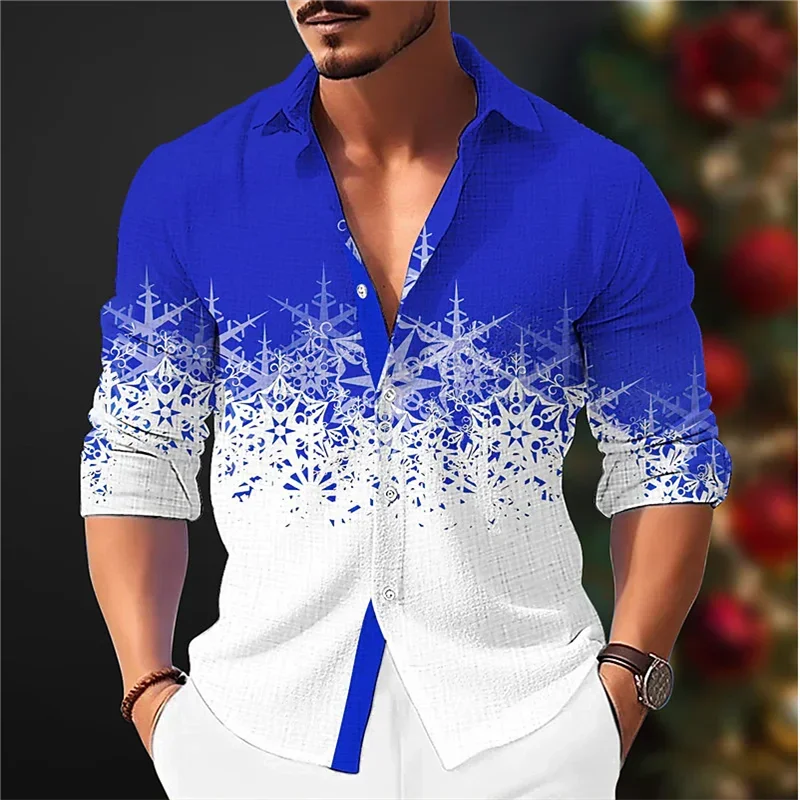 Snowflake 3D Printed Casual Men\'s Shirt Christmas Autumn and Winter Long Sleeve Lapel Ruby Top XS-6XL Stretch Fabric Shirt