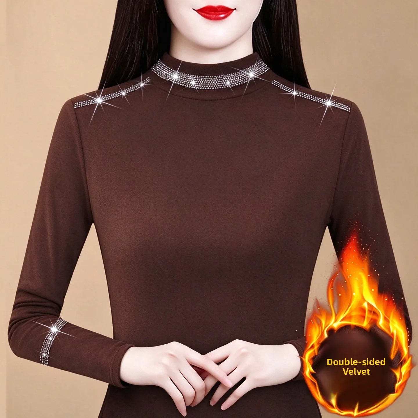 Double-Sided Velvet Long-Sleeve T-Shirt High-Neck Bling Mommy's Wardrobe Essential Autumn Fashion Commute Style Polyester Fiber