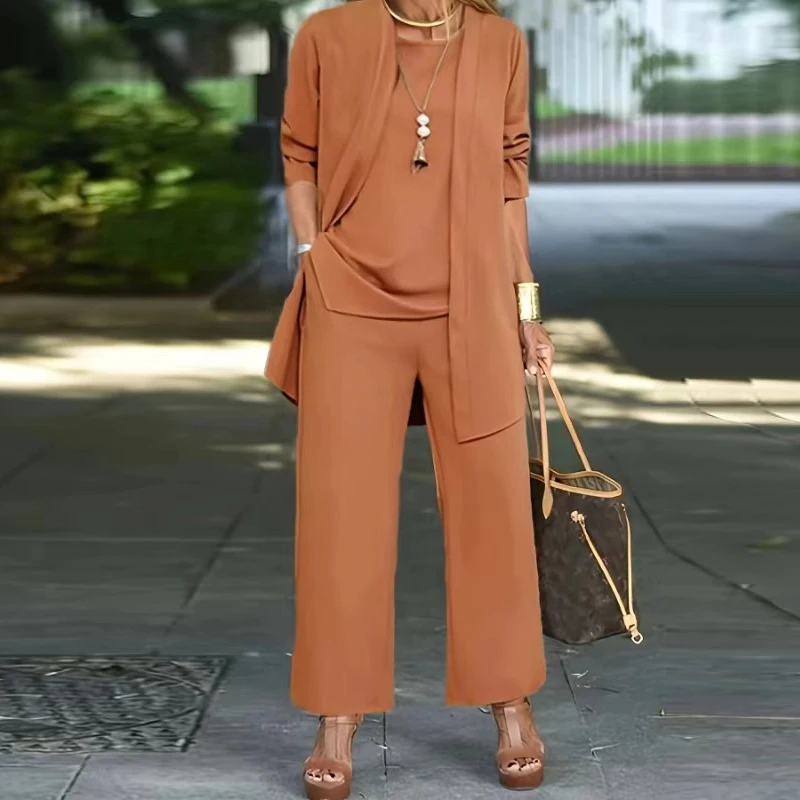 

Fashion O-neck Cardigan & Vest Top & Long Pant Suit Elegant Loose Office Outfits Women Causal Long Sleeve Solid Three Piece Set