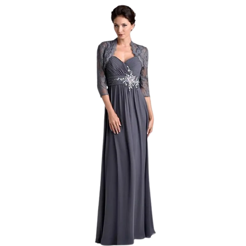 Chic Charcoal Mother of the Bride Gown with Jacket Lace Overlay Sleeves V Neck Sparkling Bead Accents Flowy Skirt Elegant Events