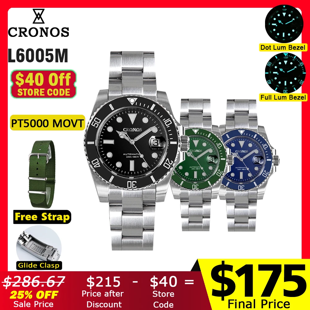 Cronos Sub Diver Erkek Saat Paslanmaz Çelik PT5000 Bilezik Seramik Çerçeve 200 metre Suya Dayanıklı Glideclasp L6005 V3