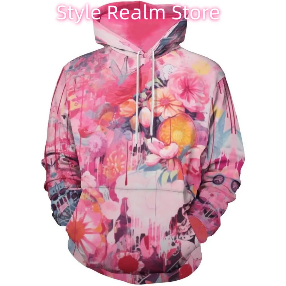 للجنسين الجدة الوردي زهرة هوديي 3D مطبوعة الفن نمط عارضة البلوز مقنعين الجيب