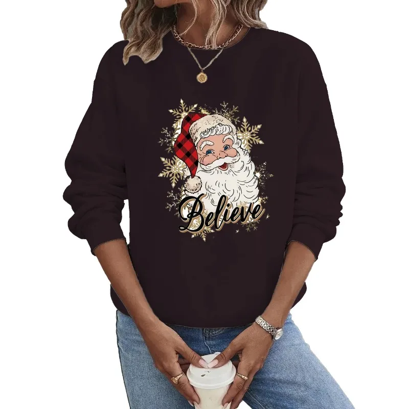 Sweat à capuche imprimé père Noël dessin animé pour femme, sweat-shirt à manches longues, streetwear chaud, col rond, vêtements PVD, Noël