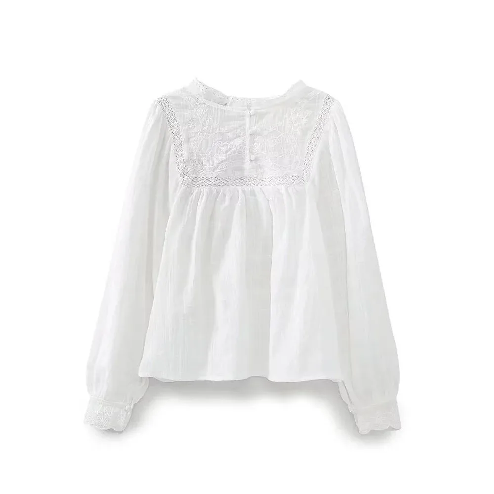 Faion White HollowOut Embroidery Blouse V-Ne Long Sve Straight Cut Women's irt Versatile Sle Spring Collection