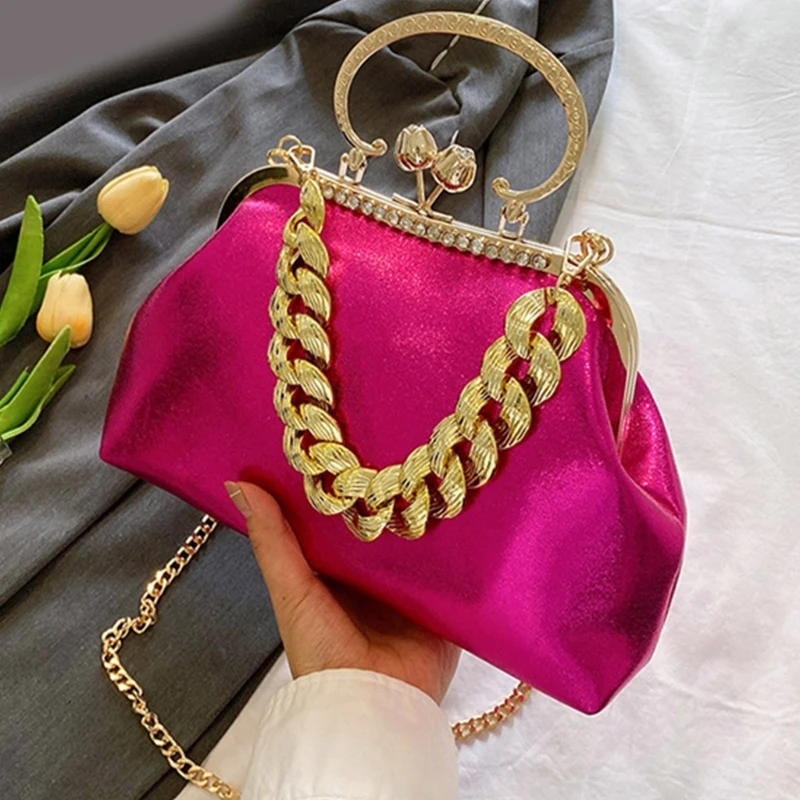 Tas Malam Berkilau Fashion Dompet Clutch Elegan Tas Tangan Amplop Pesta Rantai Tebal Tas Clutch Pesta Formal Wanita