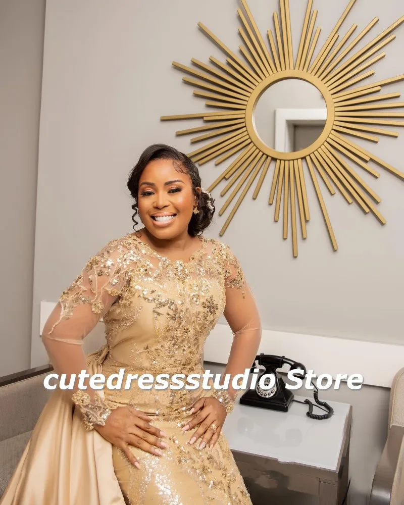 Robe de Soirée Formelle à Manches sulfpour Mariage Africain, Tenue de Bal de Forme Sirène Aso Ebi, Surjupe à Paillettes, Style AMBE, 2023