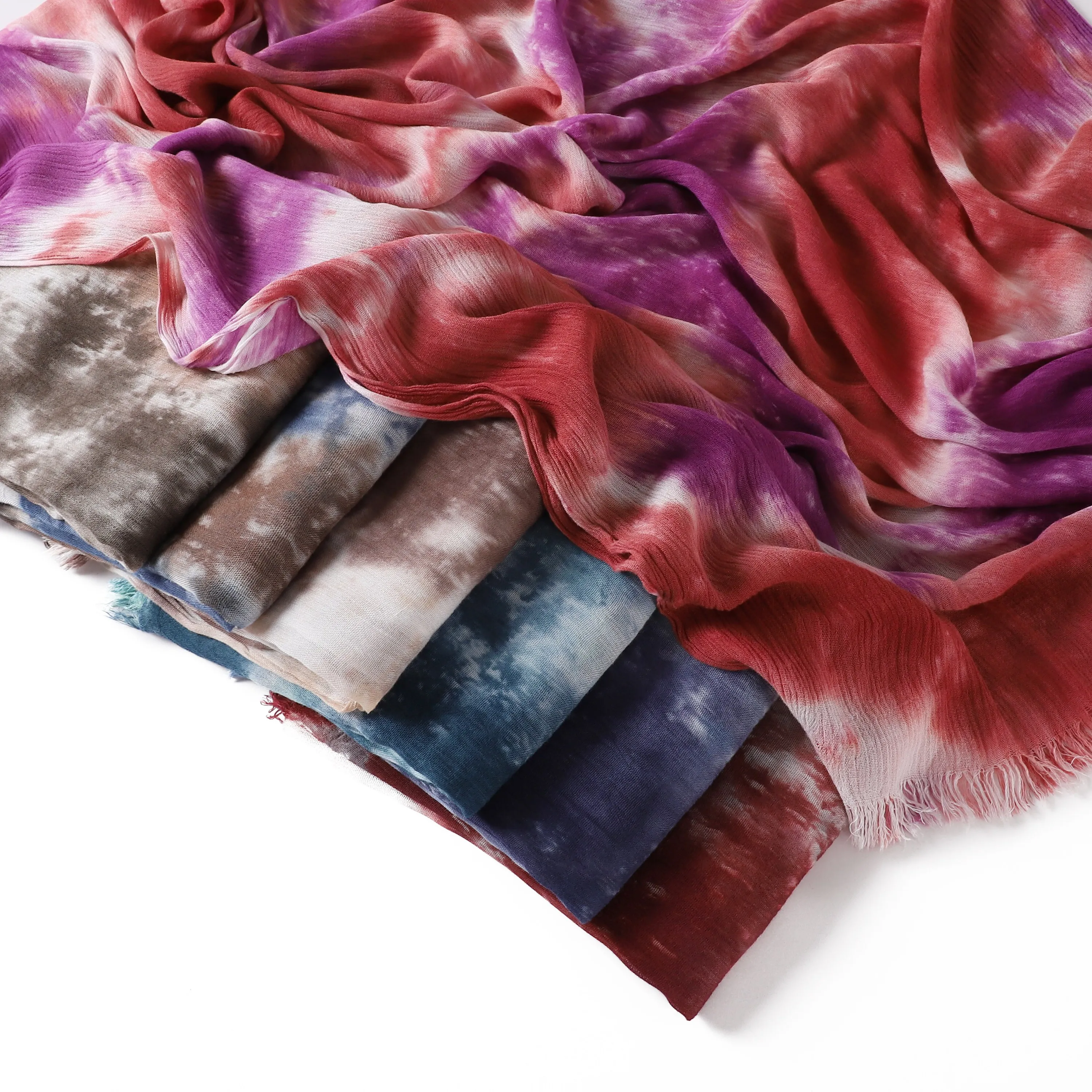 Fashion Tie-Dye Rayon Crinkle Headscarf Women Long Shawl Wrap Soft Breathable Summer Scarf Wholesale Textured Hijab Scarves