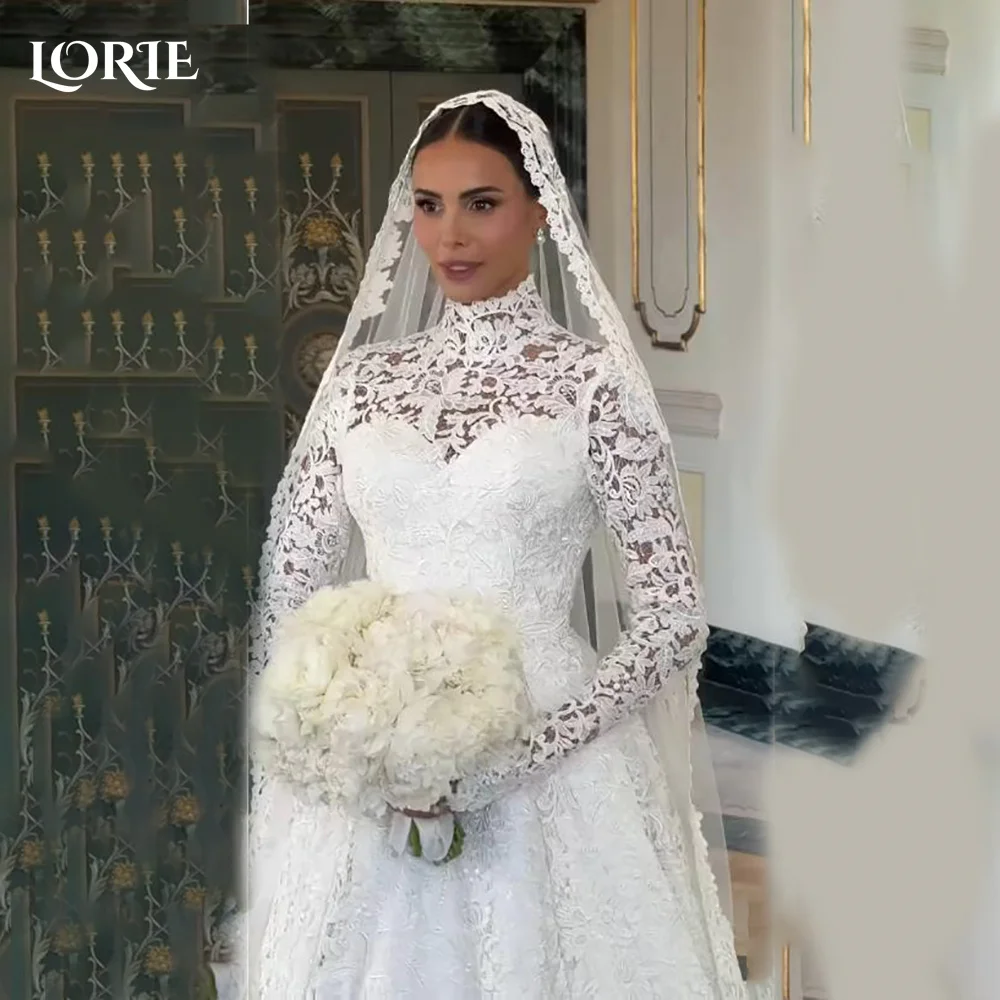 

LORIE Vintage Satin Wedding Dresses High Collar Long Sleeves Button Bridal Gowns Appliques Lace Muslim Bride Dress Customized