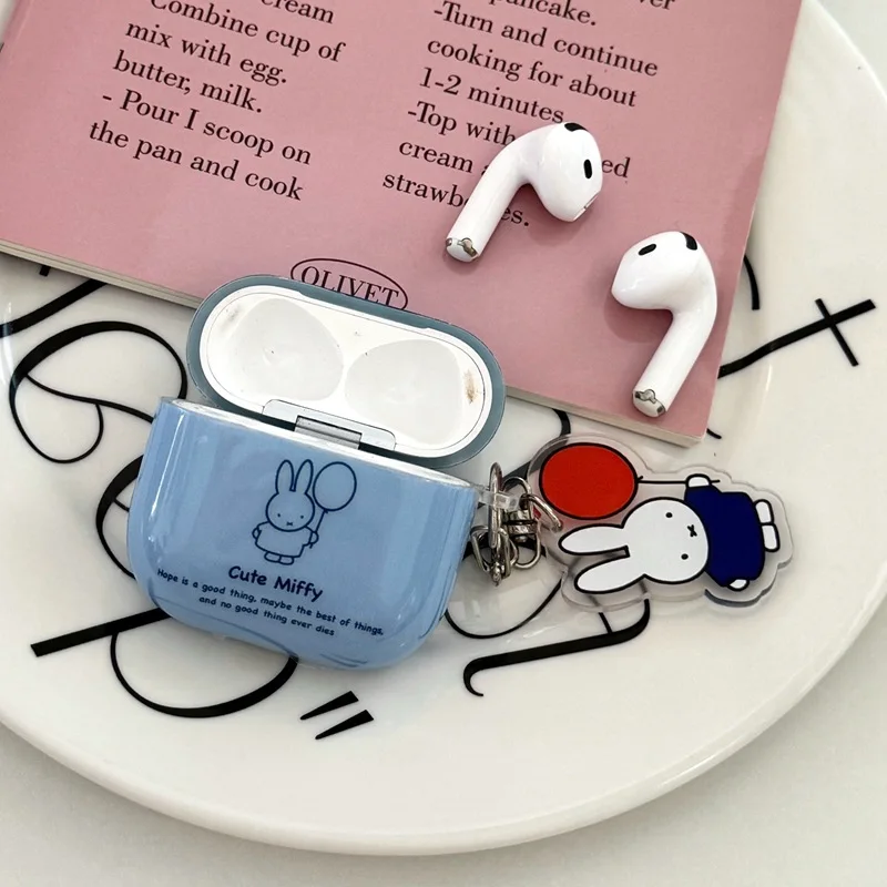 Miffy Blue Bluetooth Protective Cover Kawaii Cartoon Grid Balloon Miffy Rabbit Airpods 4 Earphone Case Fall Prevention
