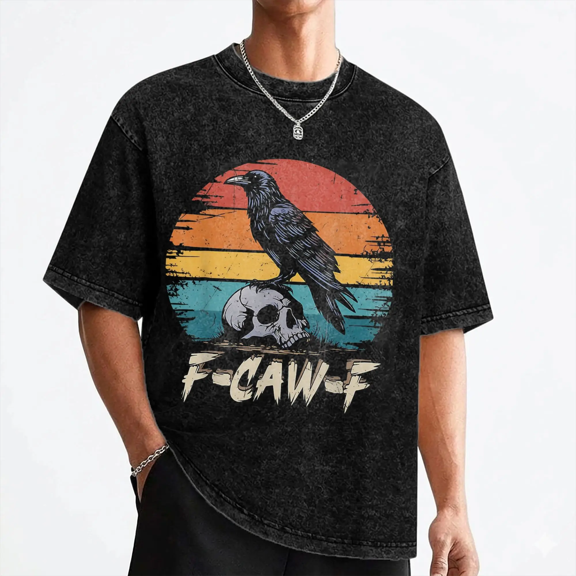 Humor F-Caw-F Gothic Funny Crow T Shirt Washed 100% Cotton Oversize T-Shirts  Novelty Men Women Streetwear Printed Tops Tees