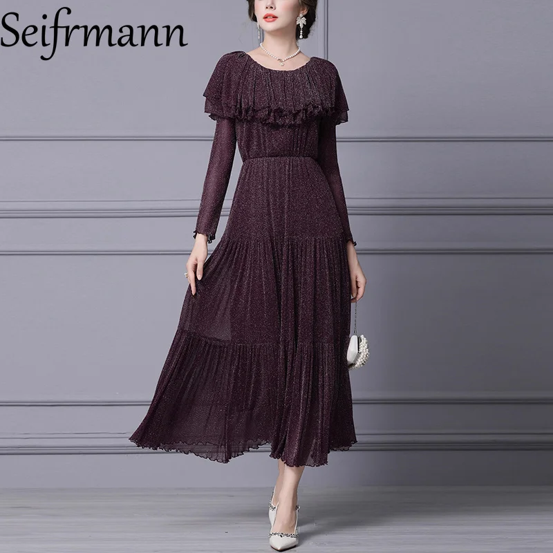 فستان Seifrmann متوسط الطول فاخر من الألماس المتلألئ بطبقات عالية الخصر على شكل حرف a لخريف 2025 منتج جديد