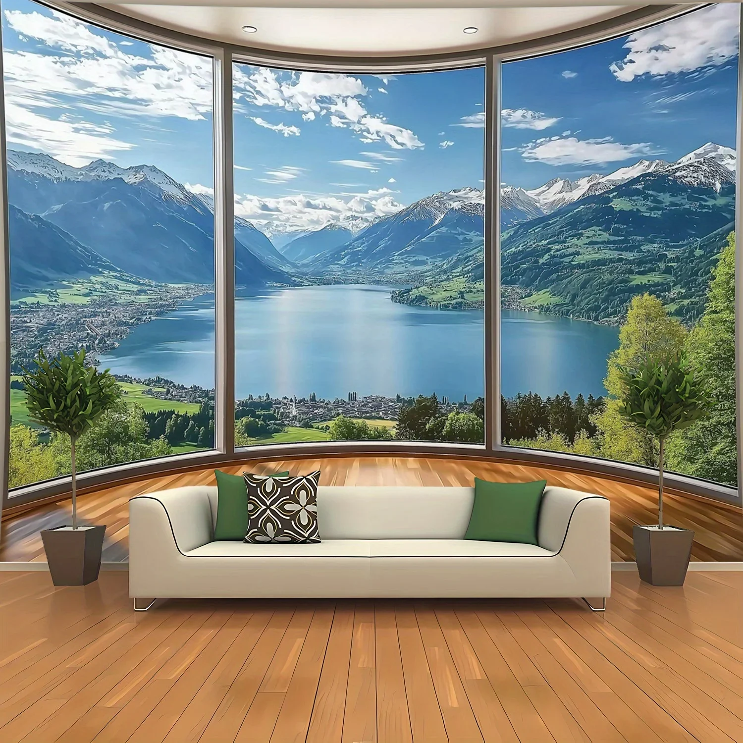 Panoramic Alpine Retreat Wall Tapestry for Modern Living Room Decor, Featuring a Stunning View of Snow-Capped Mountains