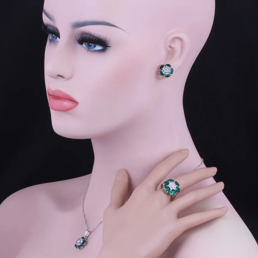 Glamorous Green Cubic Zirconia White CZ Silver Plated Jewelry Sets Earrings Pendant Chain Ring V0235