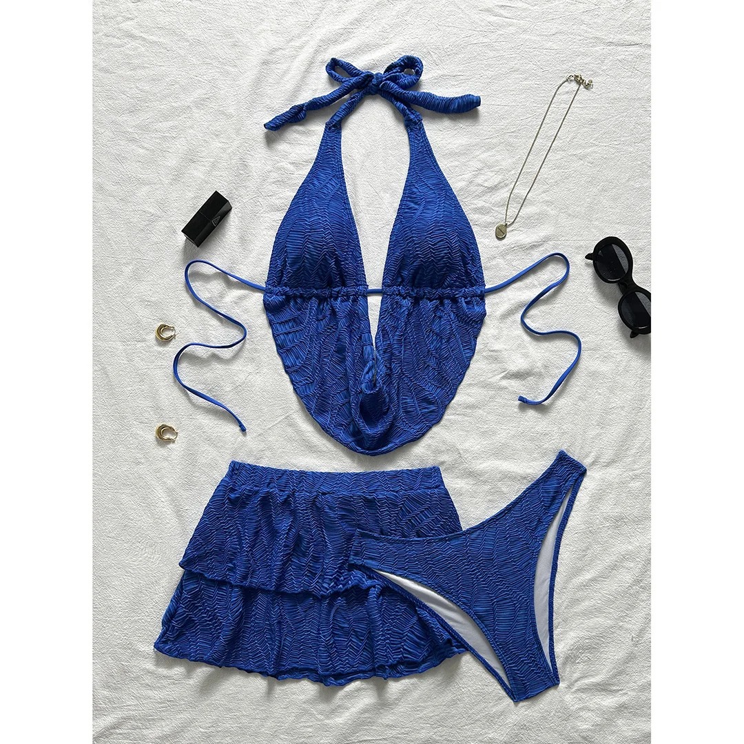 Neues 3-teiliges Tankini-Set mit Rock, geraffter Bikini, Damen-Badebekleidung, dreiteiliges Bikini-Set, Damen-Badeanzug, Badebekleidung, Badeanzug V7415 – Detail 16