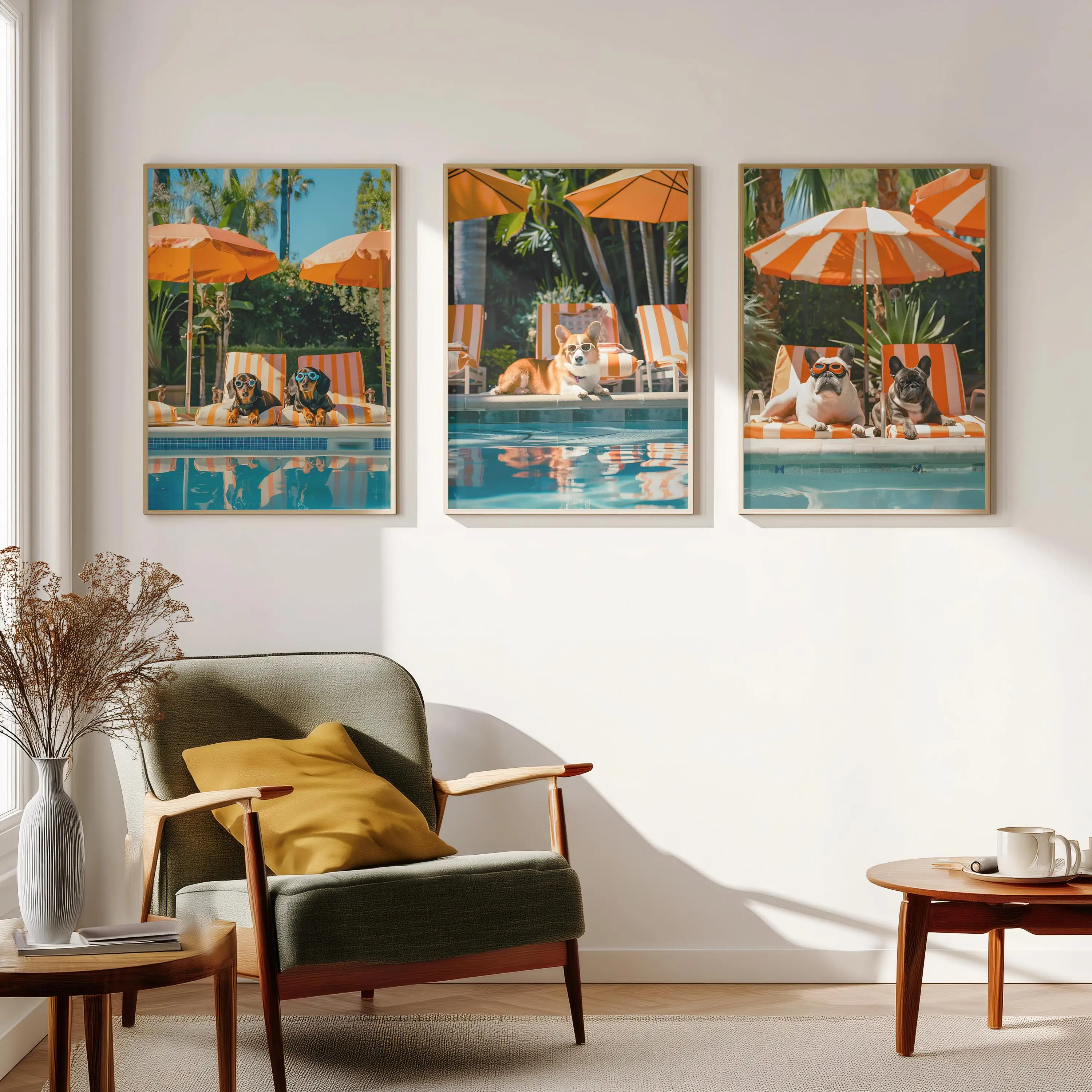 (3PCS Unframe)3Pcs Funny Dog Wall Art,Whimsical Coastal Beach House Dog Photography Canvas Prints,Pet Photo Wall Arts,Summer Bea