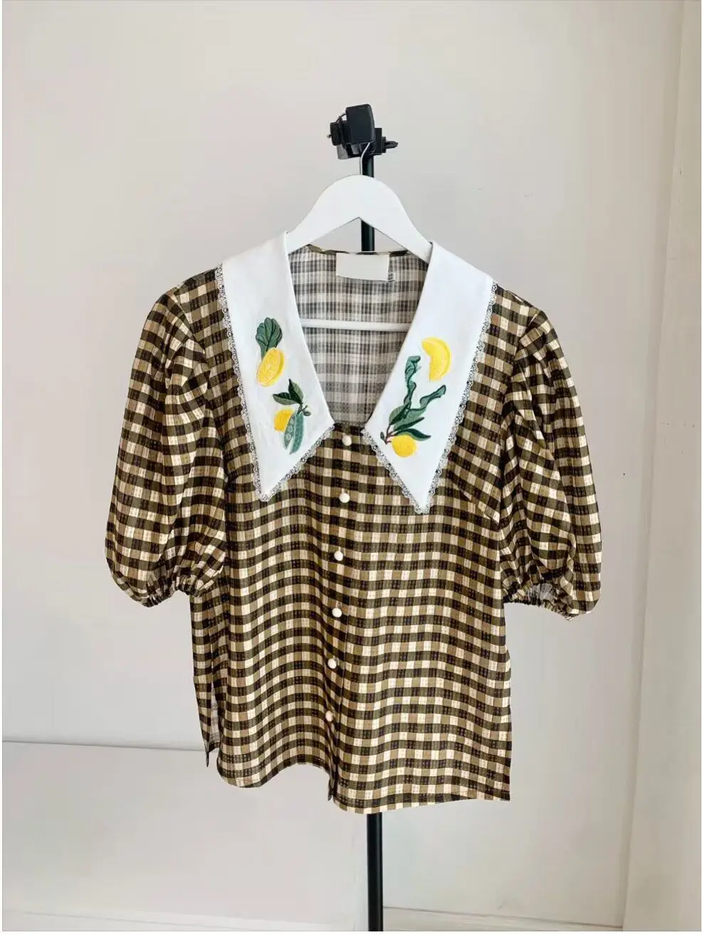 

2025 New Women Lemon Embroidery Plaid Top + Waist Skirt Set